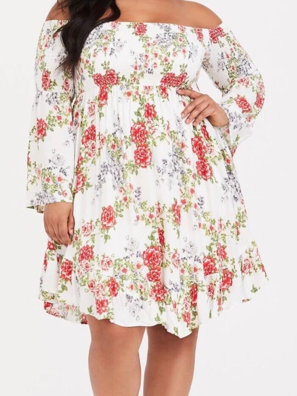 Torrid Ivory Floral Smocked Challis Dress White Plus Size
